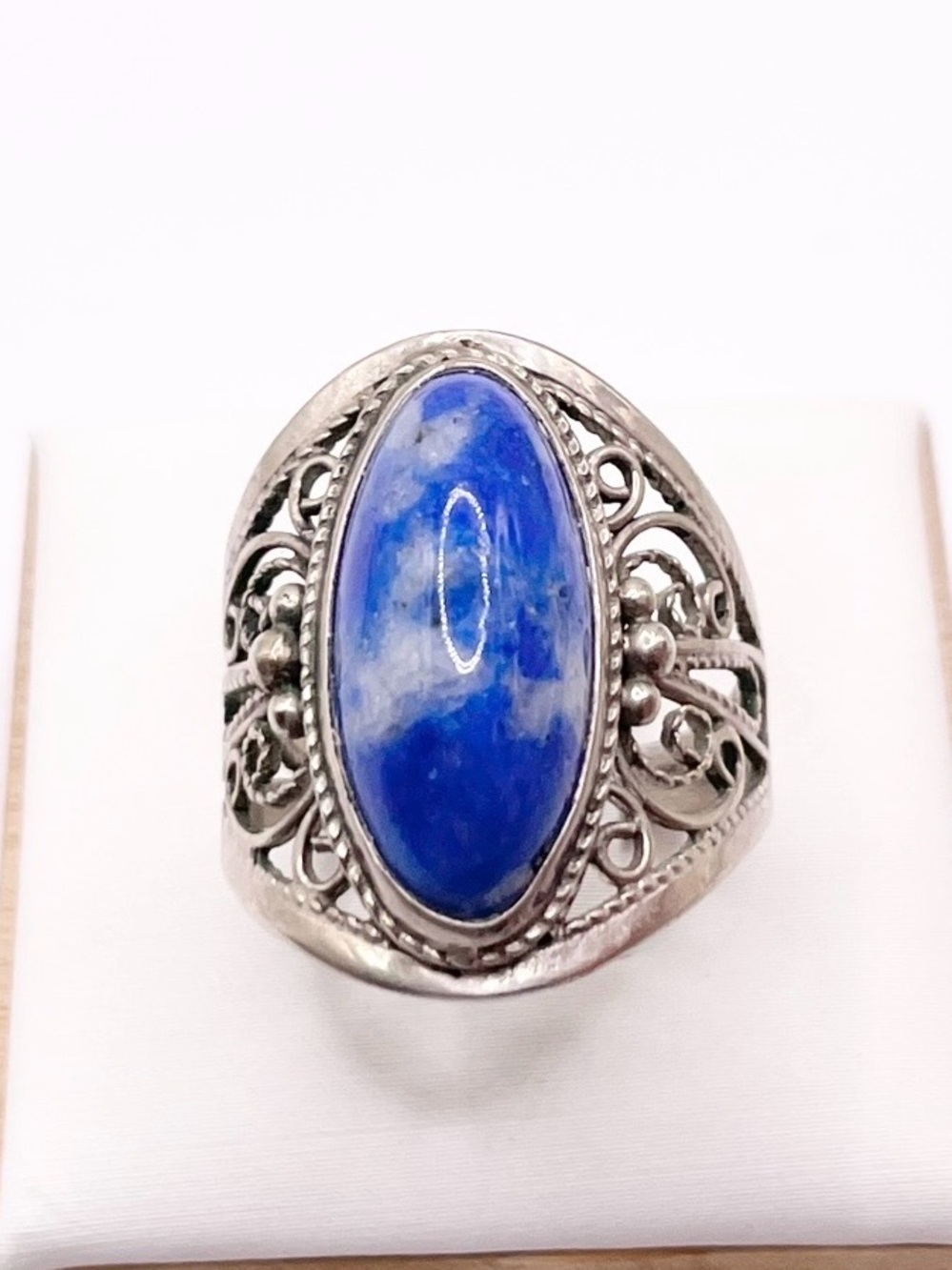 Size 7 Sterling Silver Blue Lapis Lazuli Stone Filigree Ring-needs repair
